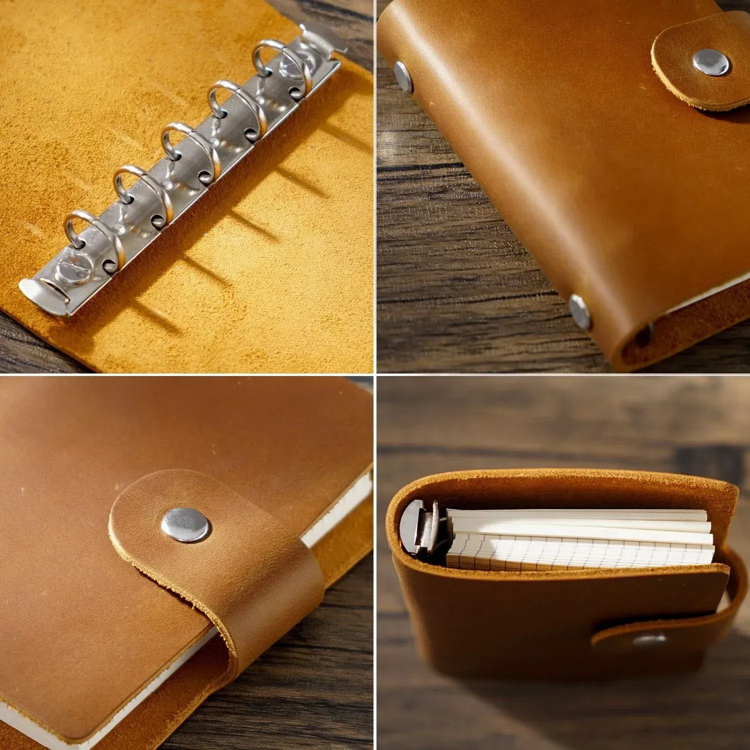 Color: Light  Blue - Genuine Leather A8 Size Ring Planner Cowhide 5-hole Rings Mini Notebook with 15 MM silver Rings Retro Organizer Diary Notepad