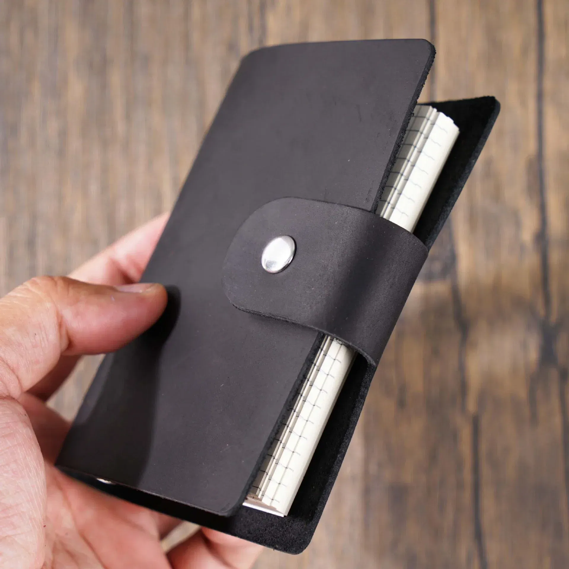 Color: Light  Blue - Genuine Leather A8 Size Ring Planner Cowhide 5-hole Rings Mini Notebook with 15 MM silver Rings Retro Organizer Diary Notepad