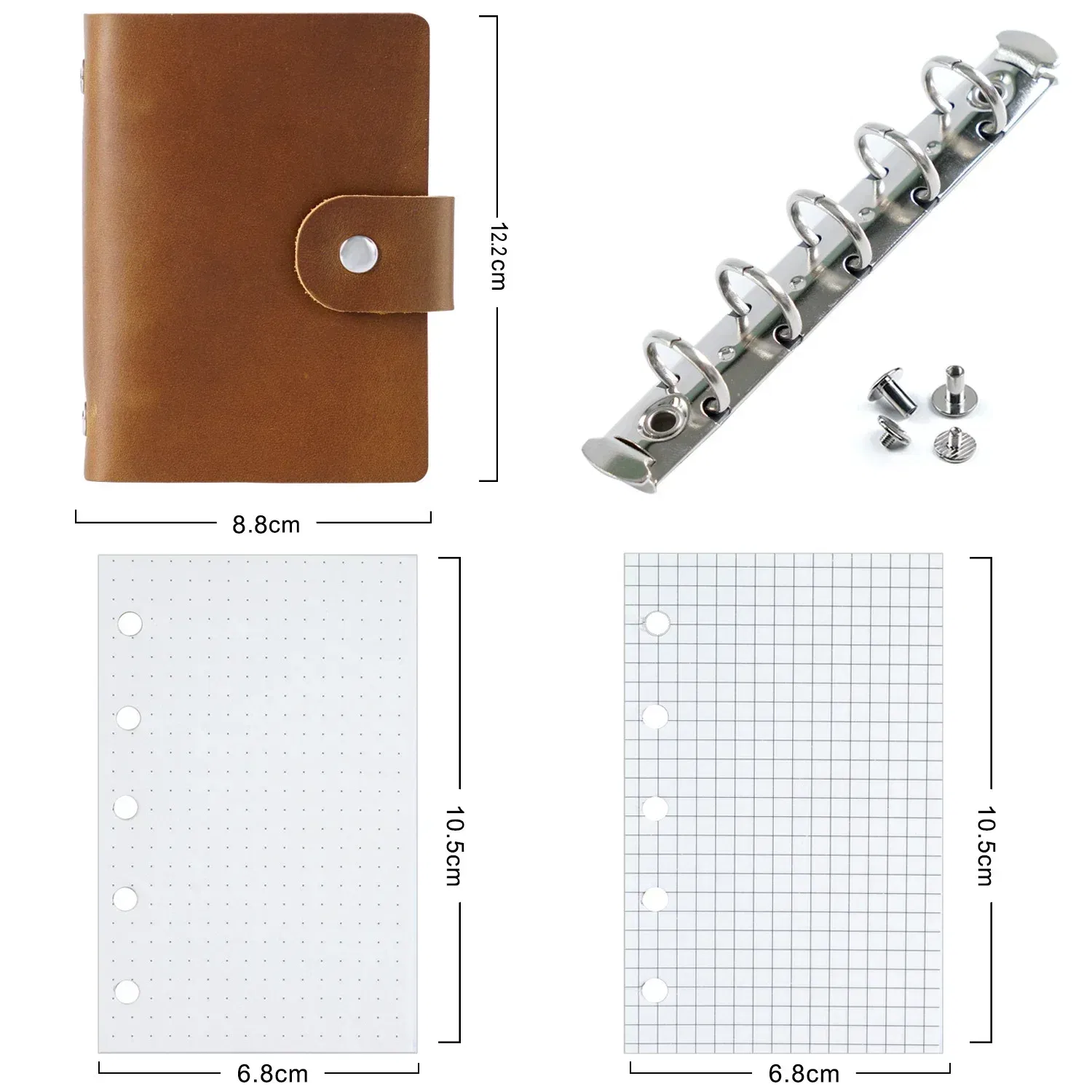 Color: Light  Blue - Genuine Leather A8 Size Ring Planner Cowhide 5-hole Rings Mini Notebook with 15 MM silver Rings Retro Organizer Diary Notepad