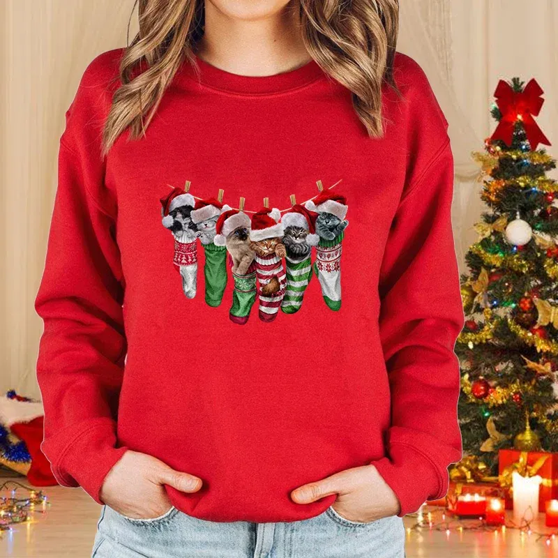 Color: Orange, Size: XL - New fashion women's Christmas cat sweater long-sleeved round neck pullover sweater fall and winter Christmas women's tops