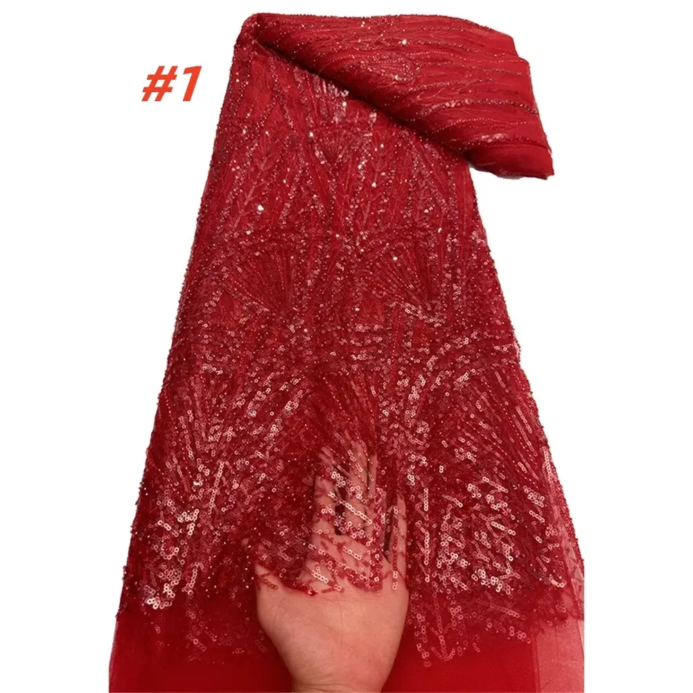 Color: Red, Width: 120cm, Length: 5 yards - African Lace Fabric 5 Yards Latest Nigerian Laces Fabric High Quality Embroidered Net Fabric Mesh Lace 2024 French Sequins Lace