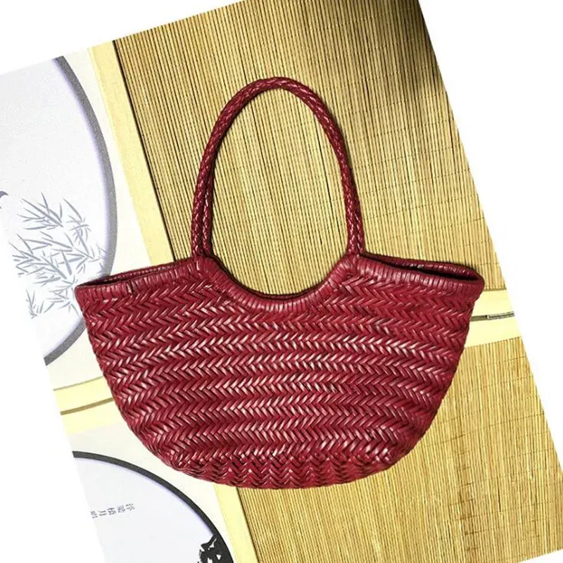 Hand Knitted Designer Genuine Leather Elegant ?‹Handle Female Totes Vintage Women's Handbag Cowskin Lady Large Shoulder Bag