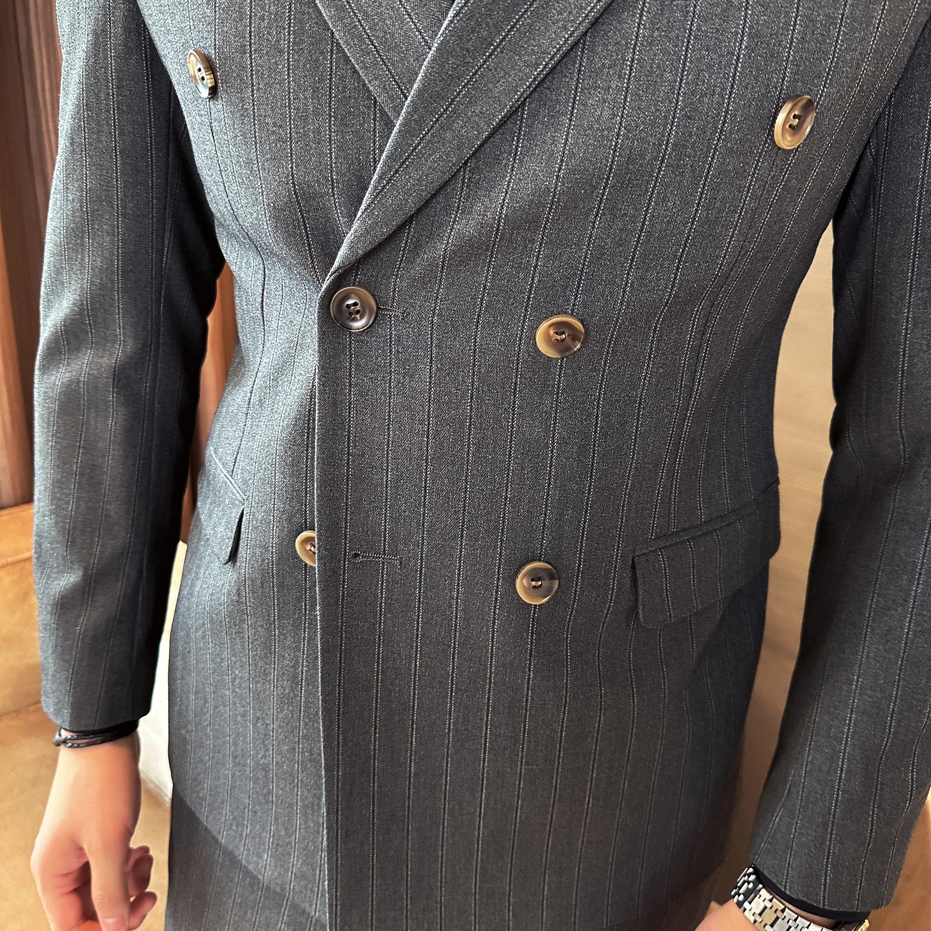 Color: Beige, Size: 4XL - 2025 Korean-Style British High-Quality Autumn Winter Three-Piece Suit Set Fashionable Cool Versatile Striped Men's Clothing