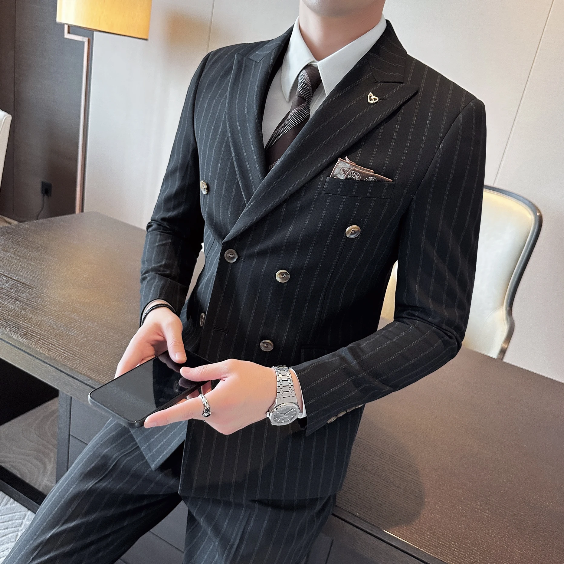 Color: Beige, Size: 4XL - 2025 Korean-Style British High-Quality Autumn Winter Three-Piece Suit Set Fashionable Cool Versatile Striped Men's Clothing