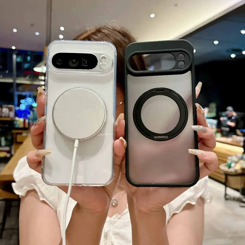 Color: black, Compatibility by Model: Google Pixel 9 Pro - for Magsafe Matte Rotating Bracket Case for Google Pixel 10 9 Pro XL 8 7 6 9A 8A 7A 6A Holder Stand Transparent Shockproof Cover