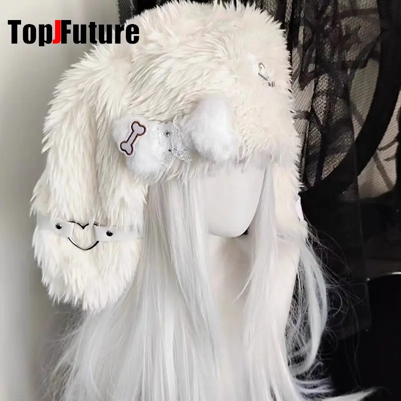 Color: WHITE, Hat Size: 6 - Gothic Lolita Y2k Girls Women's  Subculture Punk Bone Plush Rabbit Ear Beanie Hat Harajuku Women's Winter Warmer Plush Hat