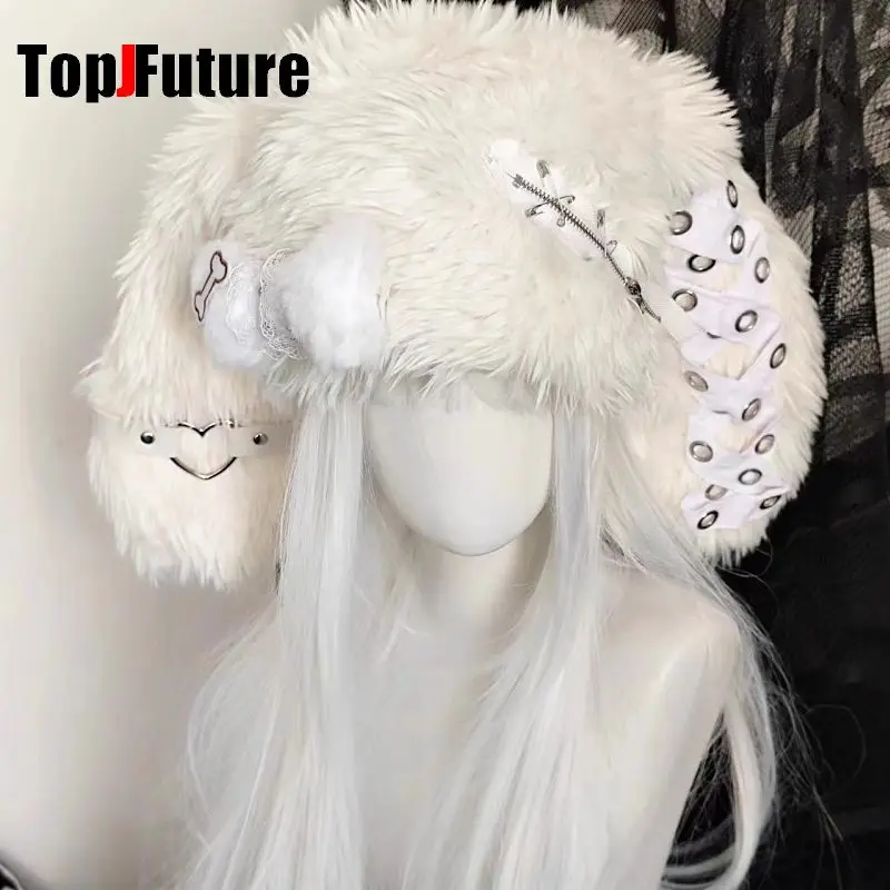Color: WHITE, Hat Size: 6 - Gothic Lolita Y2k Girls Women's  Subculture Punk Bone Plush Rabbit Ear Beanie Hat Harajuku Women's Winter Warmer Plush Hat