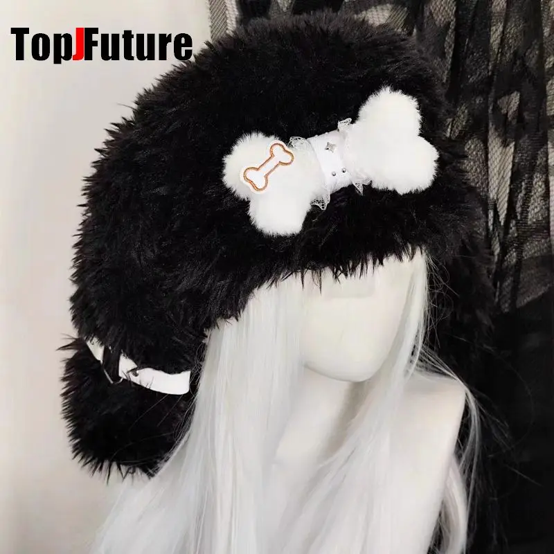Color: WHITE, Hat Size: 6 - Gothic Lolita Y2k Girls Women's  Subculture Punk Bone Plush Rabbit Ear Beanie Hat Harajuku Women's Winter Warmer Plush Hat