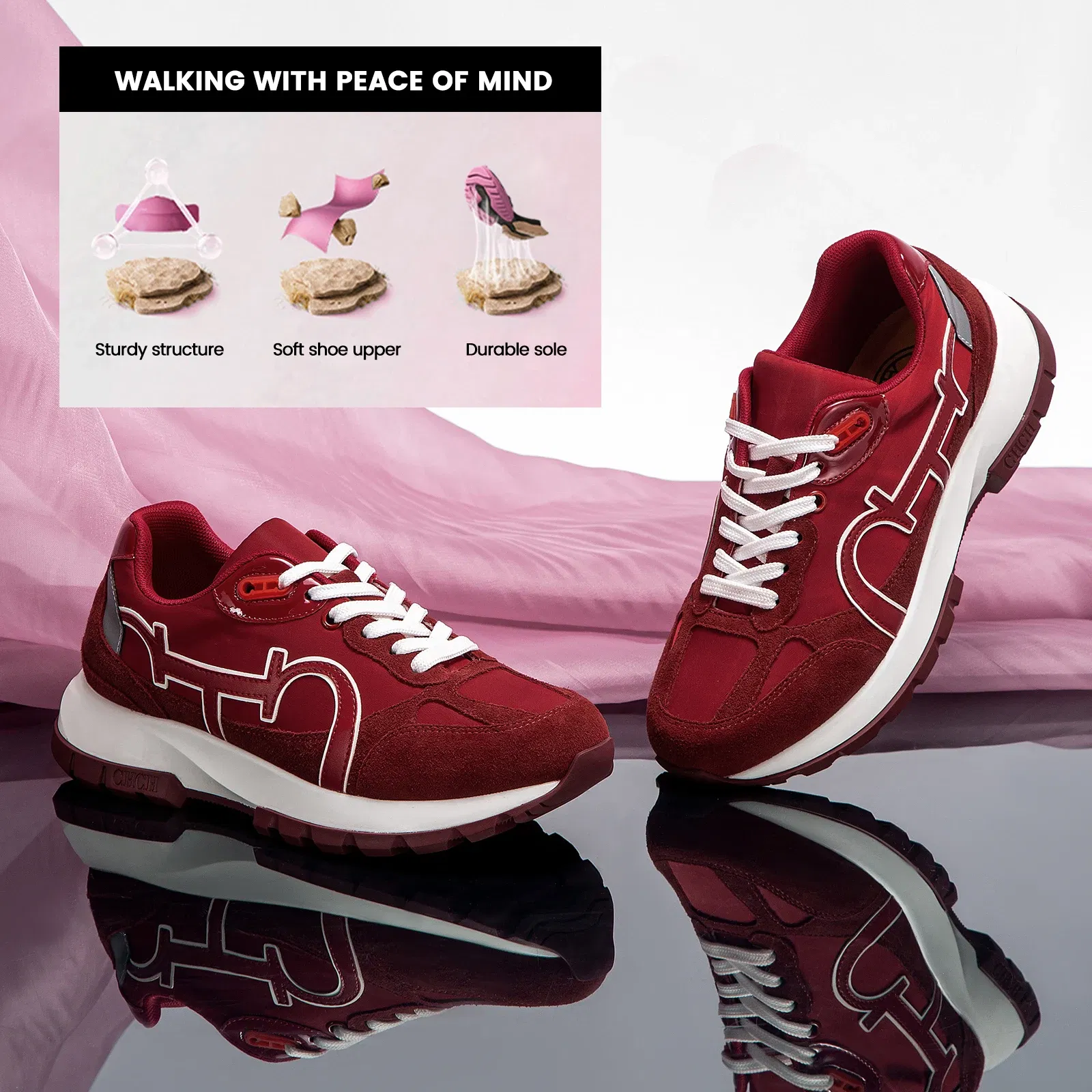 CHCH Women's Casual Shoes 2024 New Wine Red Retro Cow Leather Splicing Design Walking Shoes Skeleton Correction