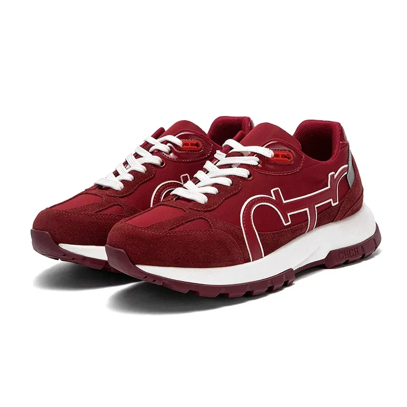 CHCH Women's Casual Shoes 2024 New Wine Red Retro Cow Leather Splicing Design Walking Shoes Skeleton Correction