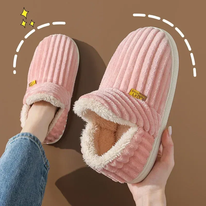 Color: black, Shoe Size: 38-39 - Winter Couple Style Concise Solid Color Wrap Heels Plush Slippers Non-slip Warm Flip Flops Women Men Home Casual Cotton Shoes