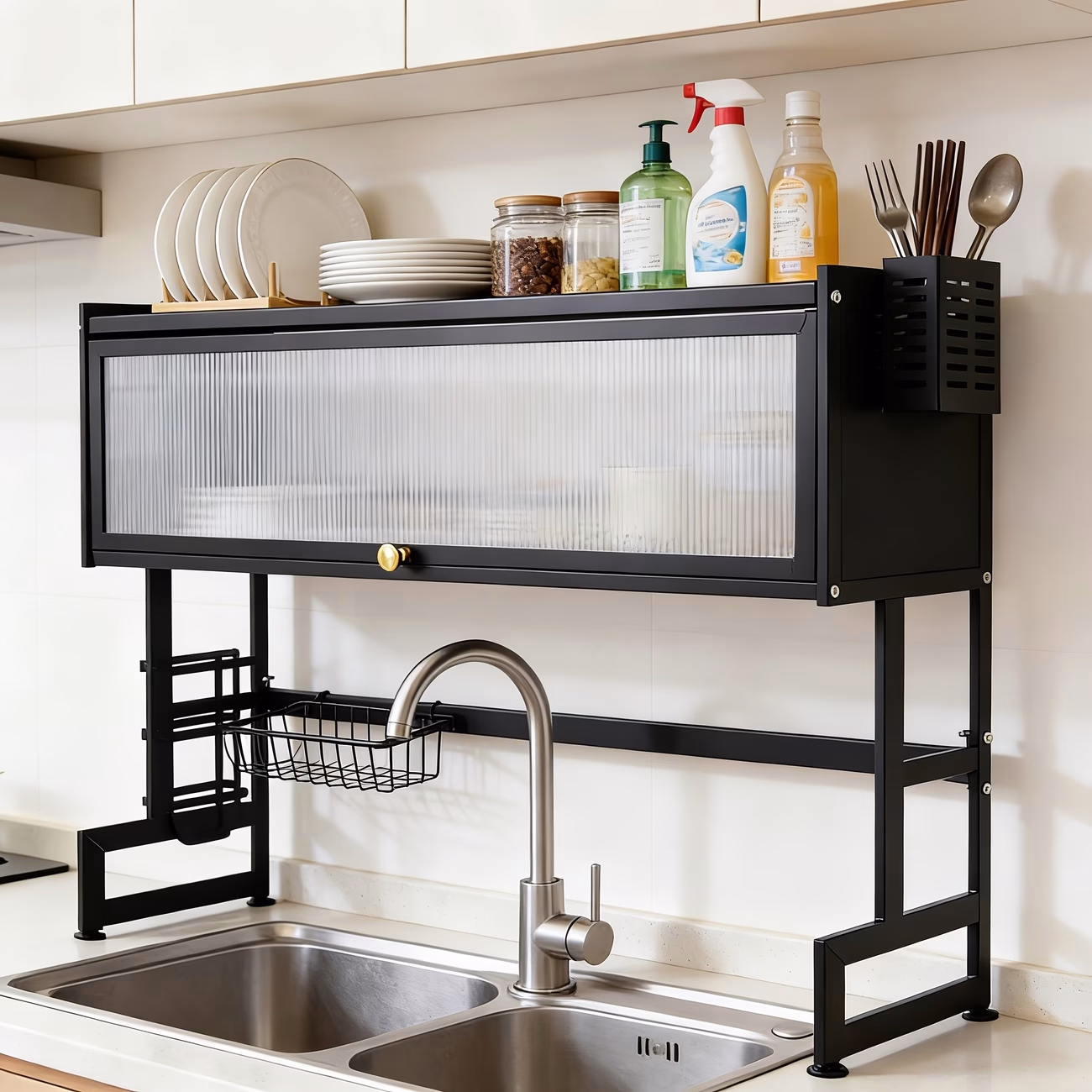 Space-Saving Kitchen Counter Organizer Rack – 2-Tier Carbon Steel Kitchen Storage Shelf with Side Hooks & Basket