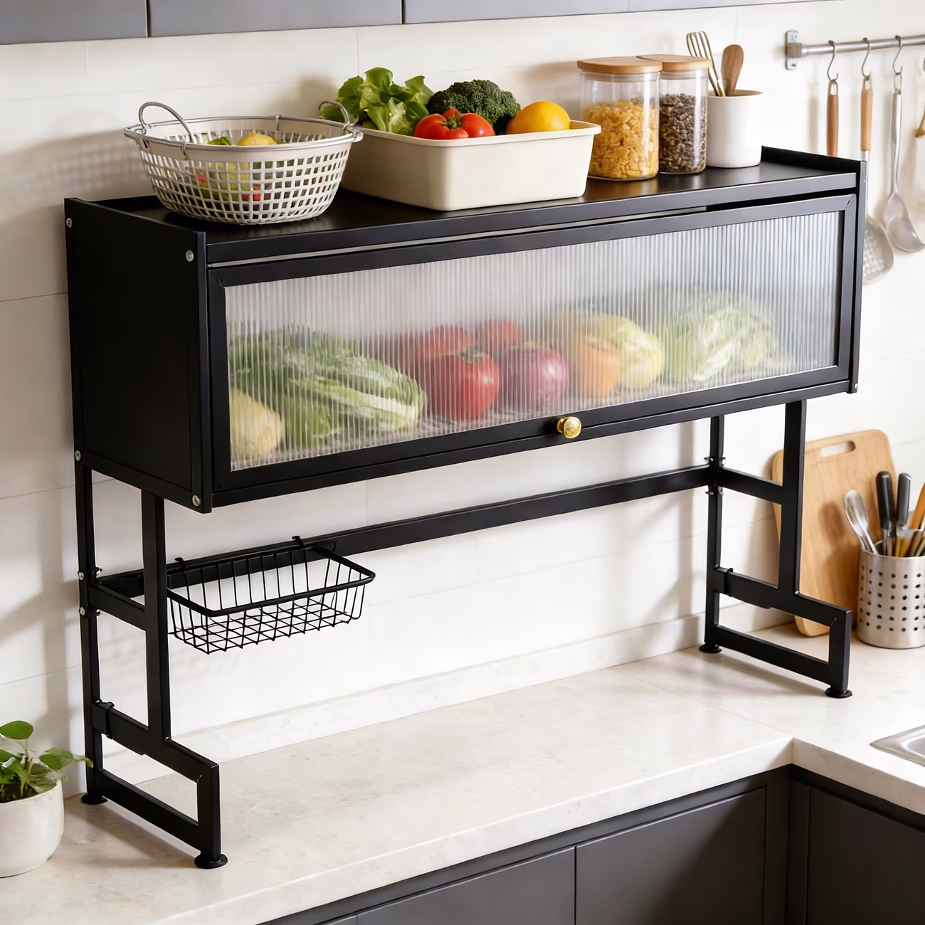 Space-Saving Kitchen Counter Organizer Rack – 2-Tier Carbon Steel Kitchen Storage Shelf with Side Hooks & Basket
