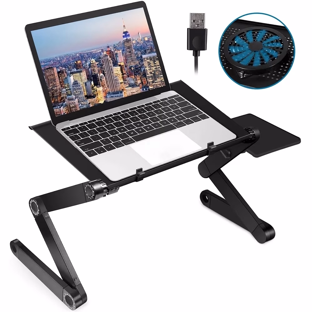 360-Degree Adjustable Folding Laptop Desk Table – Aluminum Alloy Portable Standing Desk with USB Cooling Fans and Mouse Pad