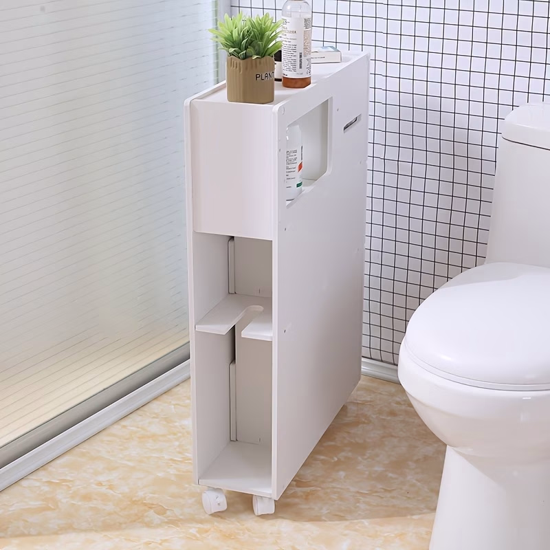 Slide Out Bathroom Floor Cabinet with Drawer and Hidden Storage – Slim Toilet Side Organizer with Wheels for Small Spaces