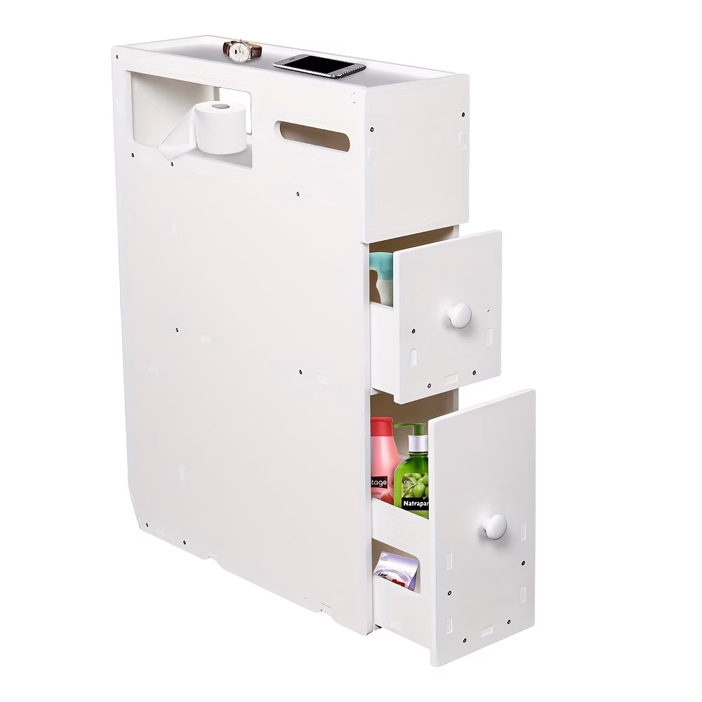 Slide Out Bathroom Floor Cabinet with Drawer and Hidden Storage – Slim Toilet Side Organizer with Wheels for Small Spaces
