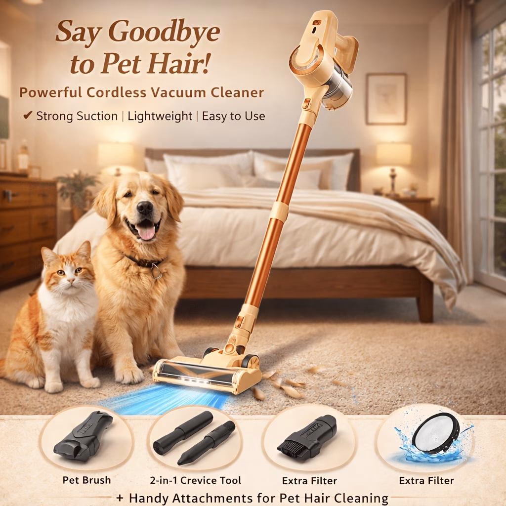 Cordless Vacuum Cleaner with 35KPA Ultra-Strong Suction – Large Dustbin, Tangle-Free Floor Brush, Extended Battery Life, and Quiet Operation