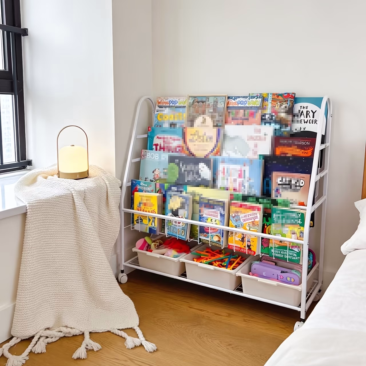 5-Tier Rolling Utility Cart with Storage Baskets – Multi-Functional Book Shelf Organizer Rack, Mobile Utility Storage Shelving Unit