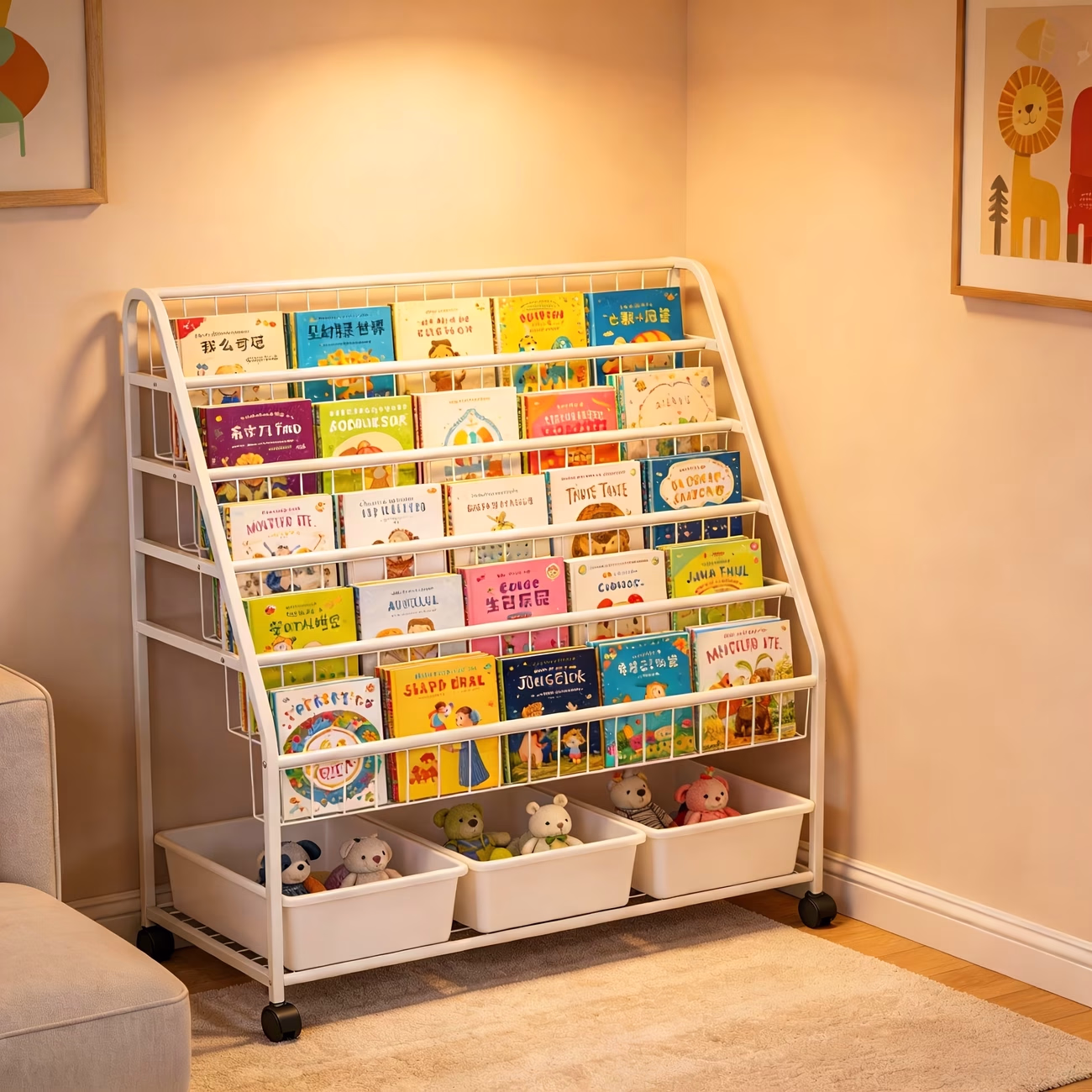 5-Tier Rolling Utility Cart with Storage Baskets – Multi-Functional Book Shelf Organizer Rack, Mobile Utility Storage Shelving Unit