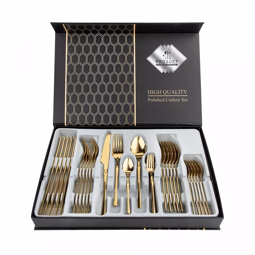 30pcs Golden Stainless Steel Cutlery Set – Includes Forks, Knives & Spoons, Dishwasher Safe, Durable Tableware for Home & Restaurant Use