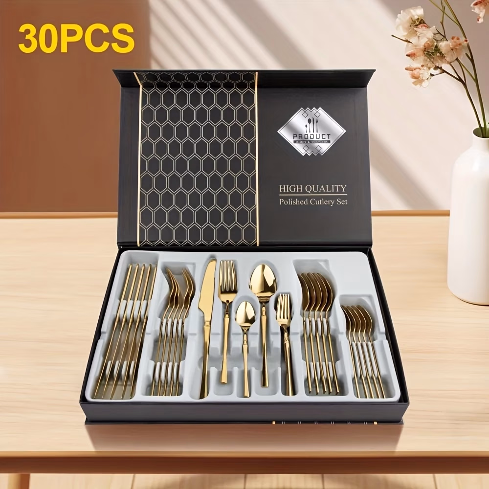 30pcs Golden Stainless Steel Cutlery Set – Includes Forks, Knives & Spoons, Dishwasher Safe, Durable Tableware for Home & Restaurant Use