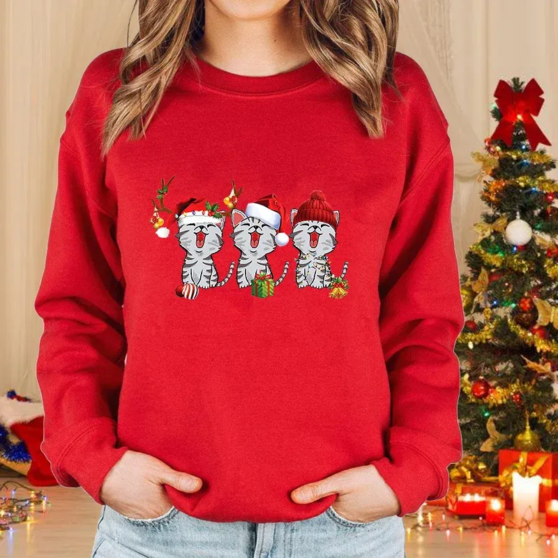 Color: PURPLE, Size: L - New fashion women's Christmas cat sweater long-sleeved round neck pullover sweater fall and winter Christmas women's tops