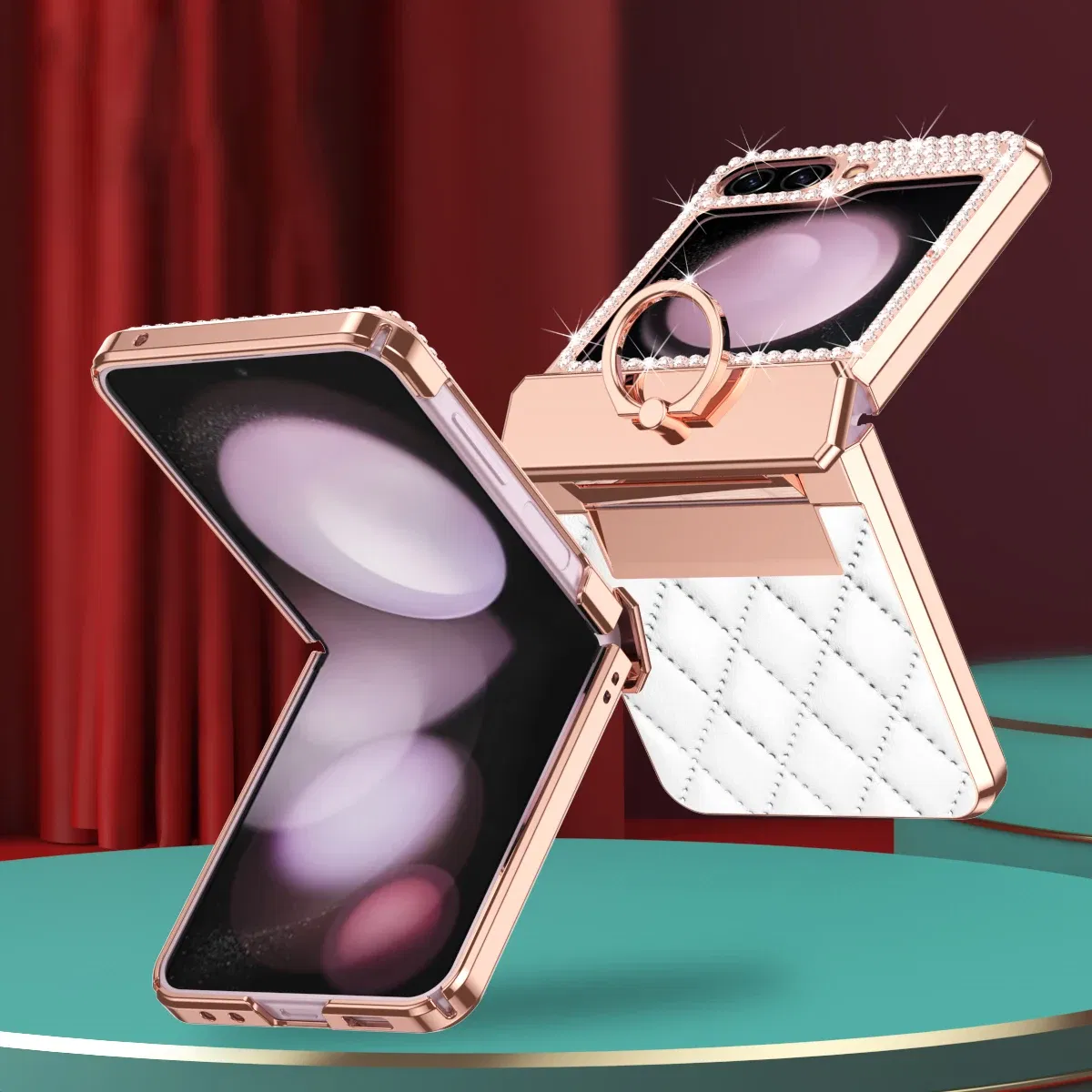 Color: GRAY, Material: Aluminum - Diamonds Leather Plating Ring Holder Case For Samsung Galaxy Z Flip 5 4 3 5G Shockproof Hinge Protection Cover For Z Flip5