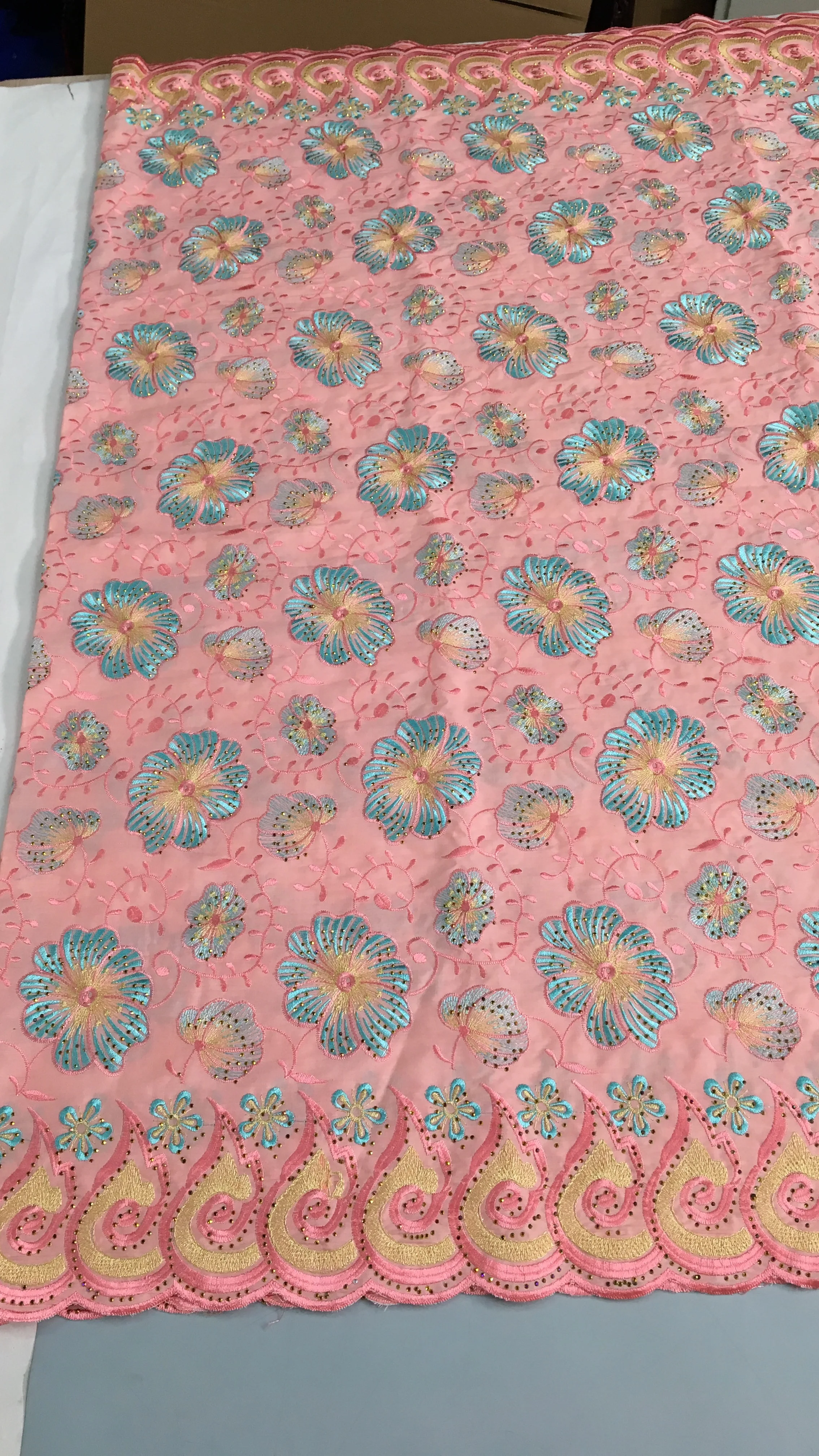 Color: pink, length: 5 yards, Width: 120cm - Green Nigerian Embroidered Cotton Lace Fabric 2025 High Quality 5 Yards African Swiss Lace Fabric Party Dress for Women A4210