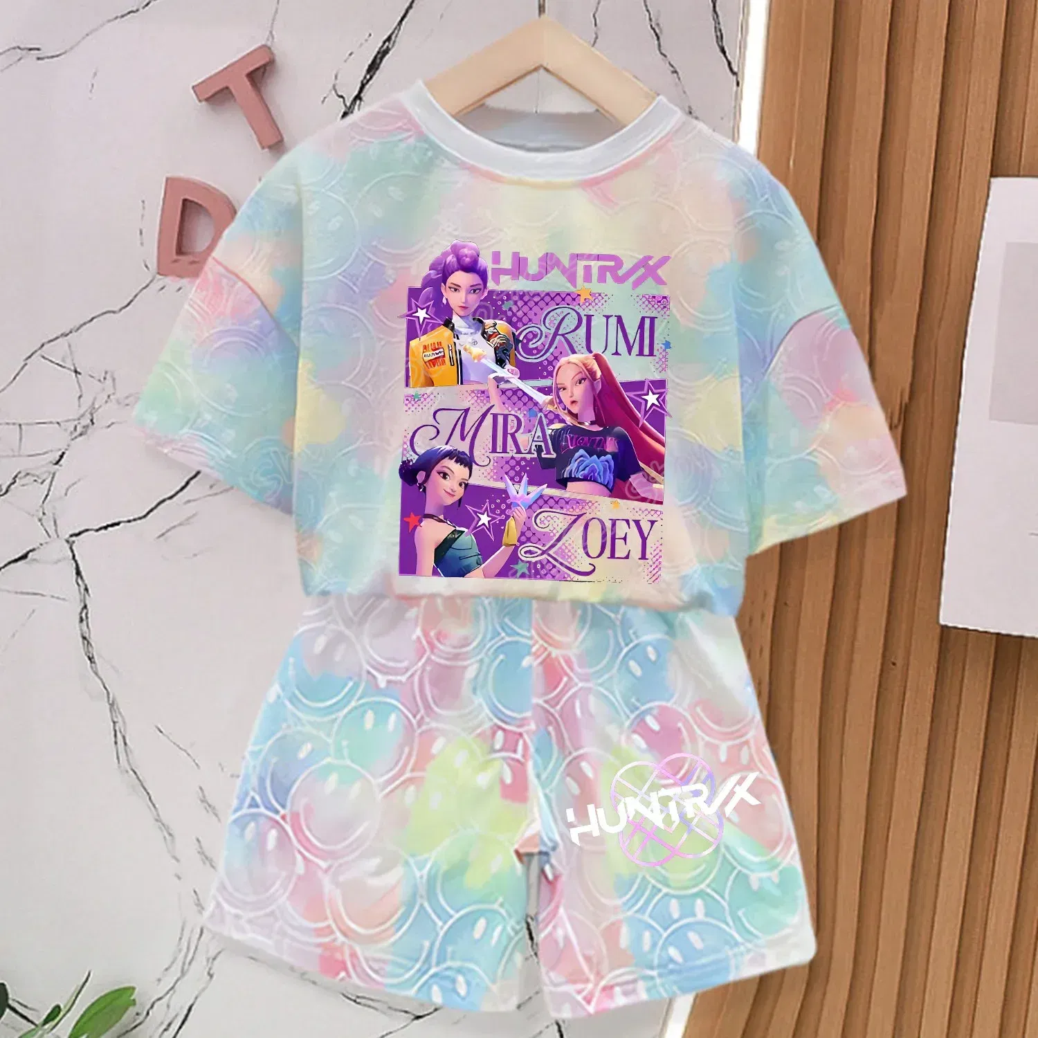 Color: Silver, Size: S - KPop Demon Hunters New T-shirt Pants Set Girls Summer Clothing Kawaii Smile Face Short Sleeve Outfits Kids Tee Top Pajamas Gift