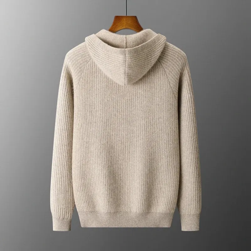 Color: SKY BLUE, Size: L, Ships From: CHINA - New Product 100% Merino Wool Knitted Cardigan For Men Hooded Sweater Casual High-end Jacket Men's long Sleeved Wool Sweater Coat