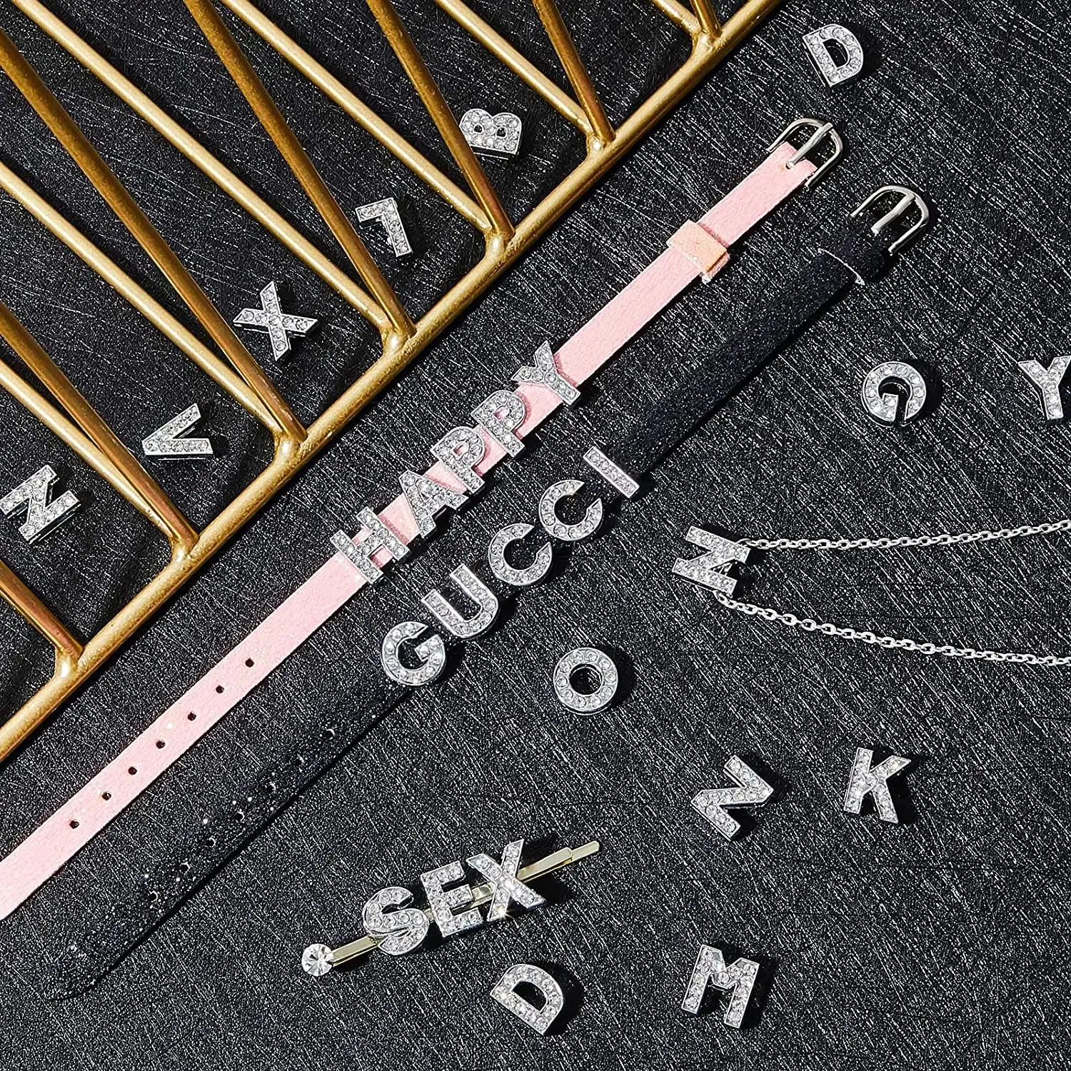 Color: Dark Grey - Rhinestone Slide Charms Letters For Jewelry Making Women Bracelet 8mm Alphabet A-Z Pet Collar Necklace DIY Accessories Gift