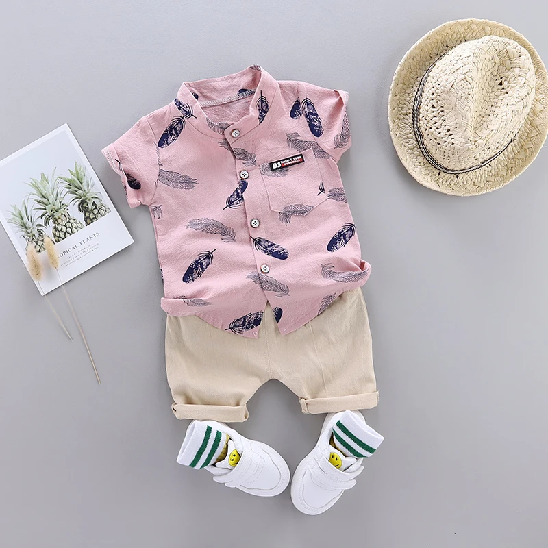 Color: Pink, Kid Size: 18M - 0-3 Year Old Baby Summer Feather Print Shirt Short Sleeve Suit
