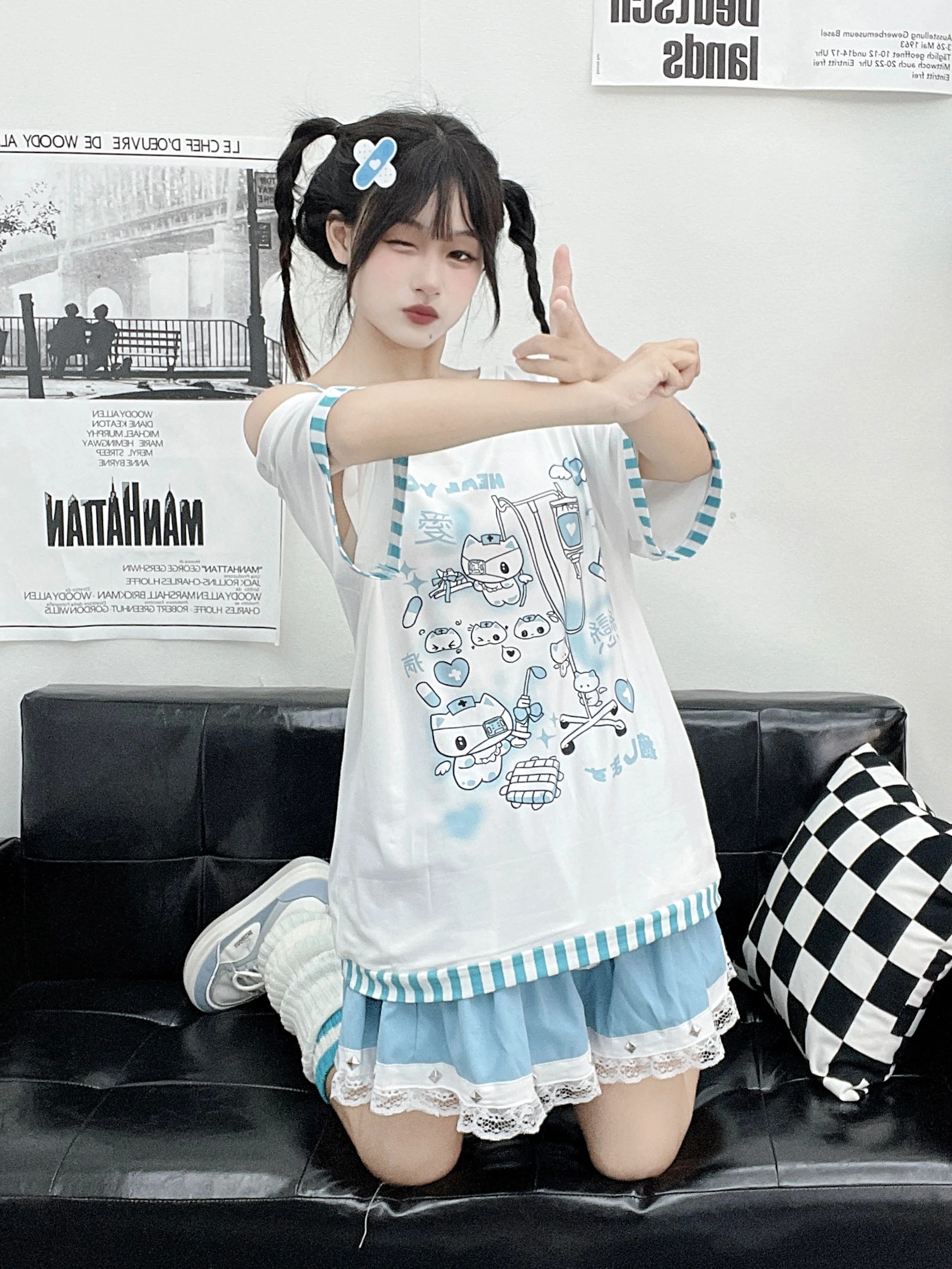 Color: WHITE, Size: S, Ships From: CHINA - Gothic Woman Clothing Y2k Harajuku T-shirts Japanese Female Clothing Patchwork Kawaii Sweet Cartoon Print stripe y2k Clothes Top