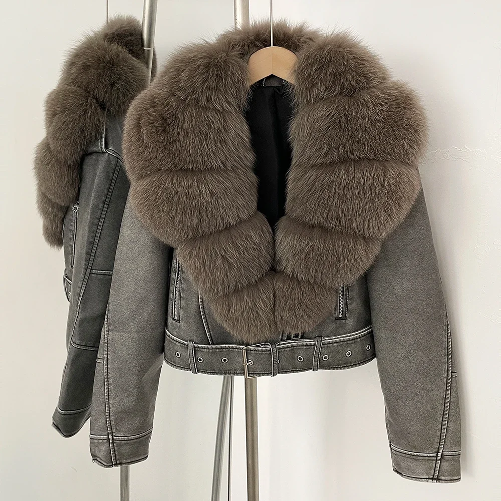 Color: Red, Size: M - Fake Leather Coat New Natural Fox Fur Autumn Short Faux Leather Jacket Female Spring PU Women Long Sleeve Real Fur Coat Thin