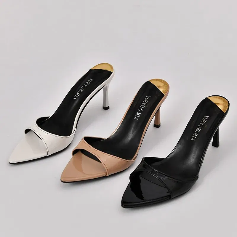 Color: black, Shoe Size: 39 - Pointed Stiletto Heels Women Pumps Patent Leather 2024 Summer Designer Mule Sandals Elegant Sexy Office High Heels Women Shoes