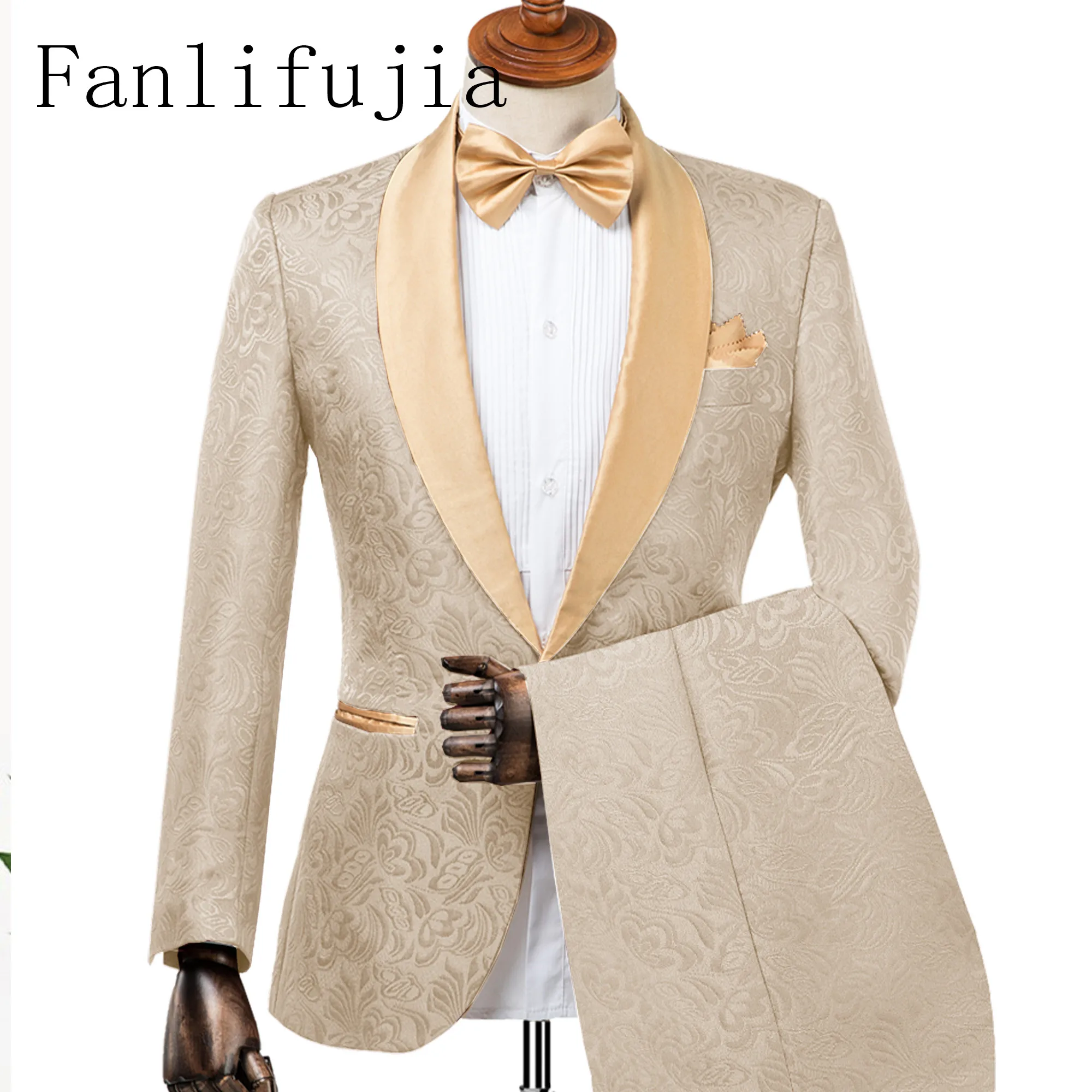 Color: Champagne, Size: XS?€old?‰ - Fanlifujia Mens Wedding Suits 2024 Italian Design Custom Made Champagne Smoking Tuxedo Jacket 2 Piece Groom Terno Suits For Men