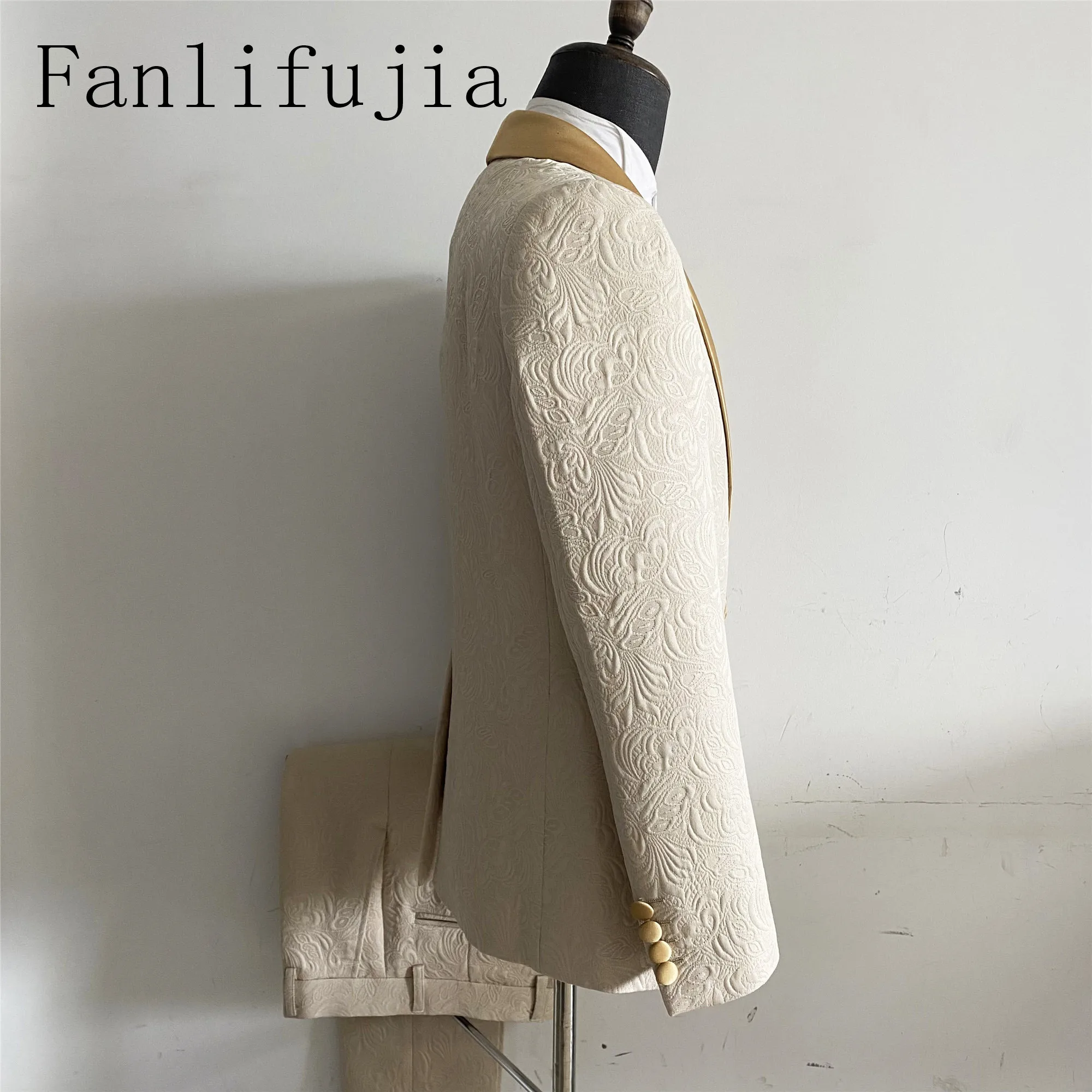 Color: Champagne, Size: XS?€old?‰ - Fanlifujia Mens Wedding Suits 2024 Italian Design Custom Made Champagne Smoking Tuxedo Jacket 2 Piece Groom Terno Suits For Men