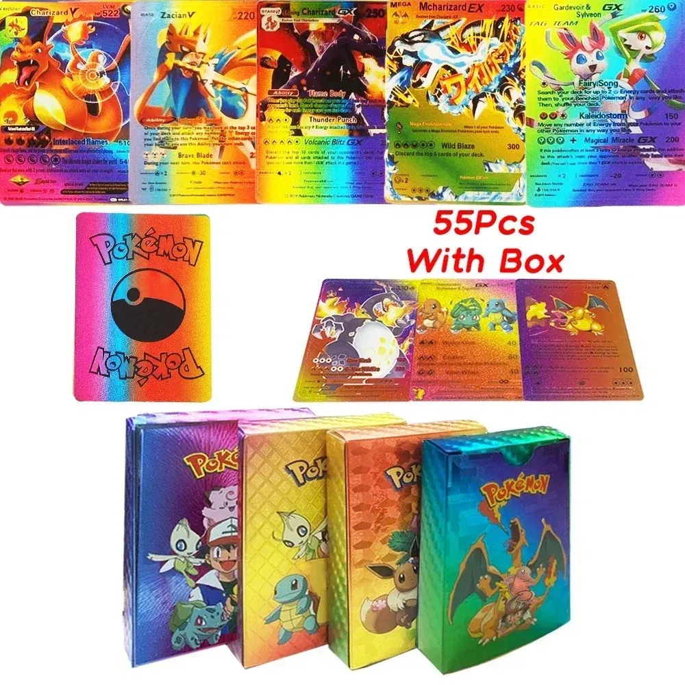 Color: seven - 55PCS Pokemon Colorful Gold Foil Card Charizard Pikachu Arceus Diamond Rainbow English French German Spanish VSTAR GX VMAX Cards