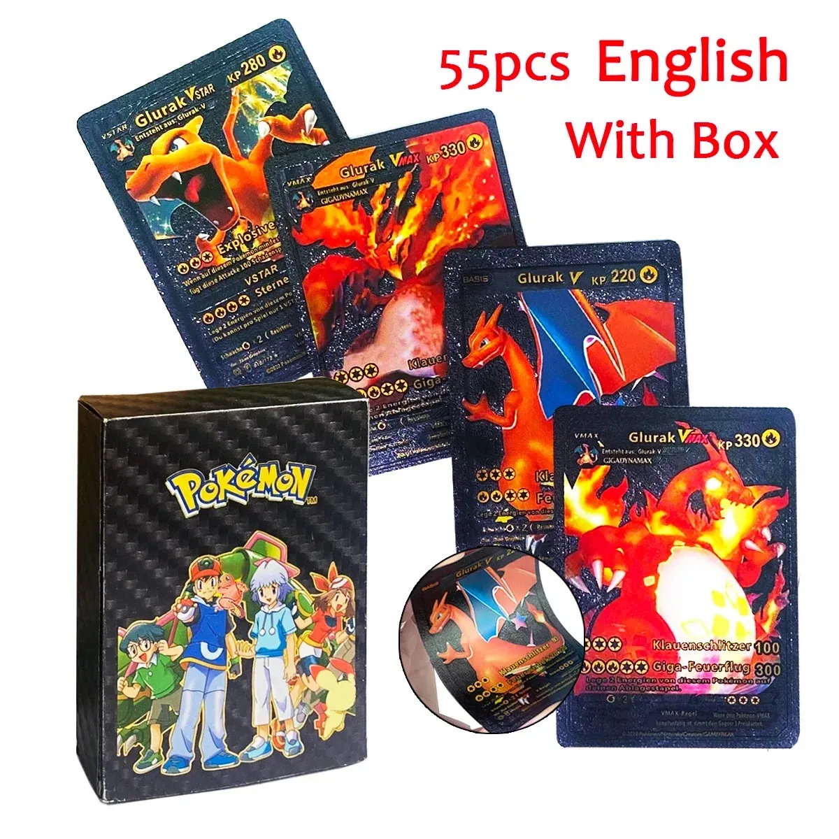 Color: seven - 55PCS Pokemon Colorful Gold Foil Card Charizard Pikachu Arceus Diamond Rainbow English French German Spanish VSTAR GX VMAX Cards
