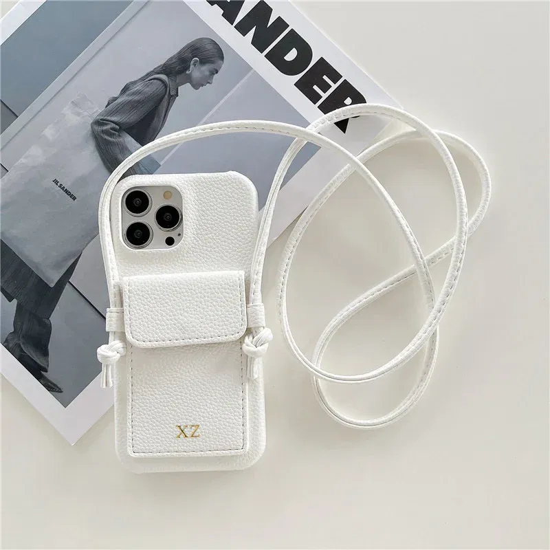 Color: Beige, Material: PP - Personalized Gold Silver Letters Leather PU Card Holder Lanyard Hard Case For iPhone 14 13 12 11 15 Pro Max XS XR 16  Plus Cover