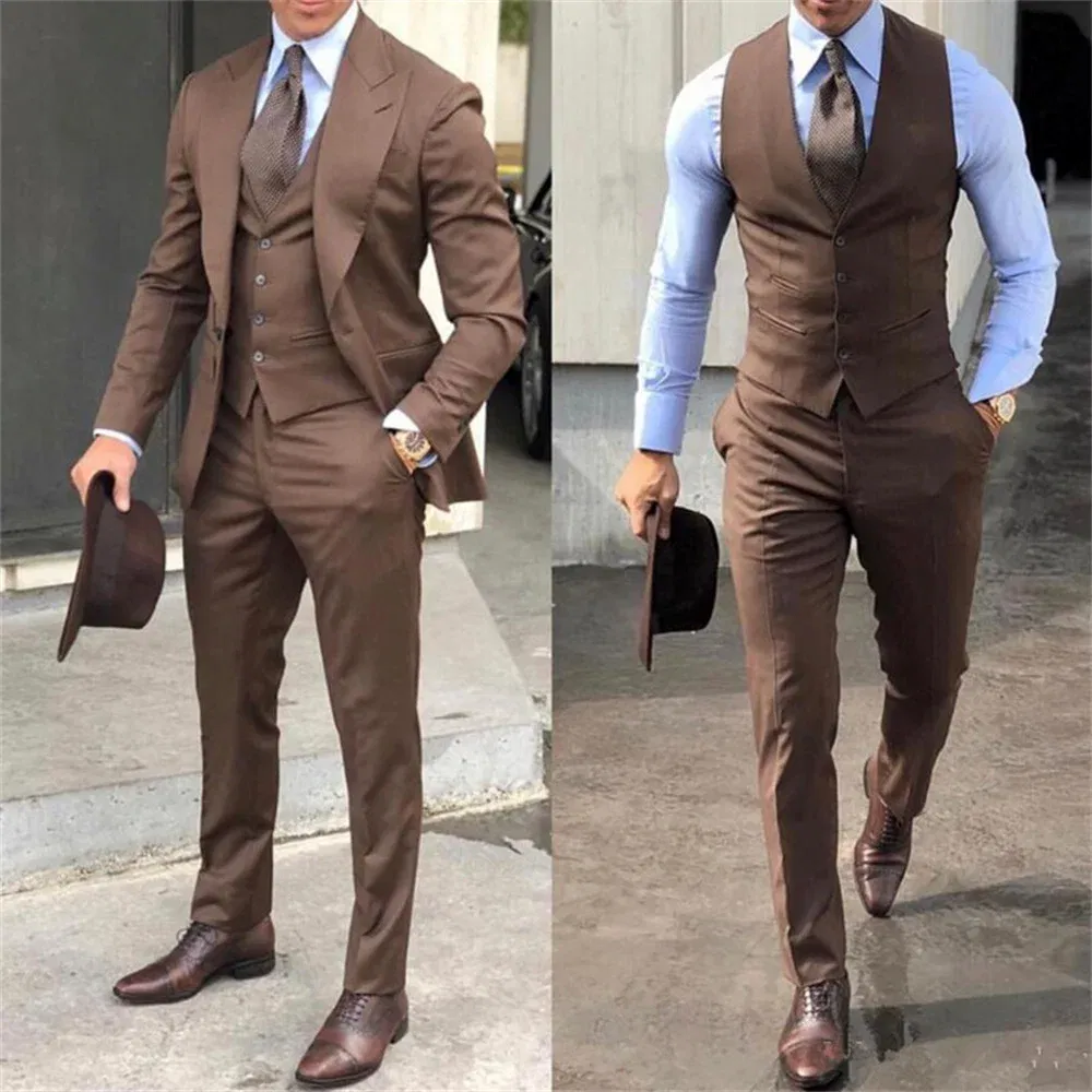 Color: Beige, Size: XL - Black Classic Men Suit 3 Pieces Tuxedo Peak Lapel Groomsmen Wedding Suits Set Fashion Men Business Blazer Jacket+Pants+Vest