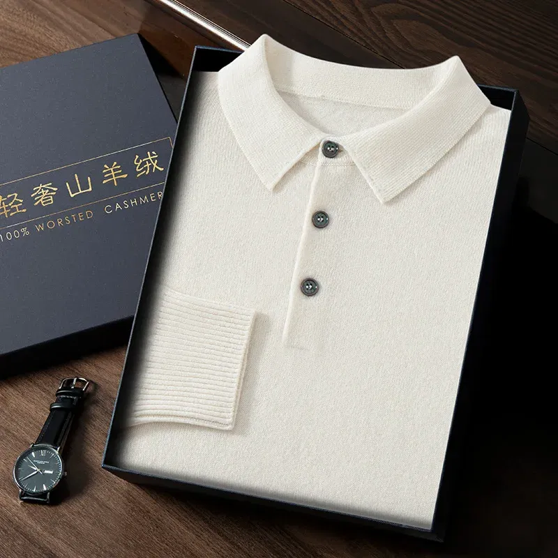 Color: Ivory, Size: L - High Quality Men's 100% Cashmere POLO Collar Pullover Soft Elastic Autumn Winter Business Casual Solid Color Knitted Sweater