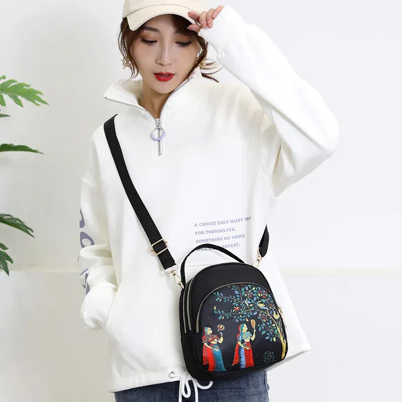 Color: Khaki, Size: 16 inches - Fashion Printing Backpack Women Large Capacity Nylon Rucksack Multilayer Crossbody Bag School Bags Waterproof Travel Knapsack
