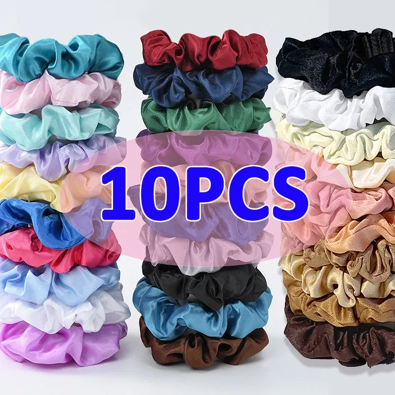 Color: Blue - 10pcs/pack Women Colorful Satin Silk Scrunchies Elastic Hair Bands Solid Color Dot Hair Ties Ponytail Holder Hair Accessories