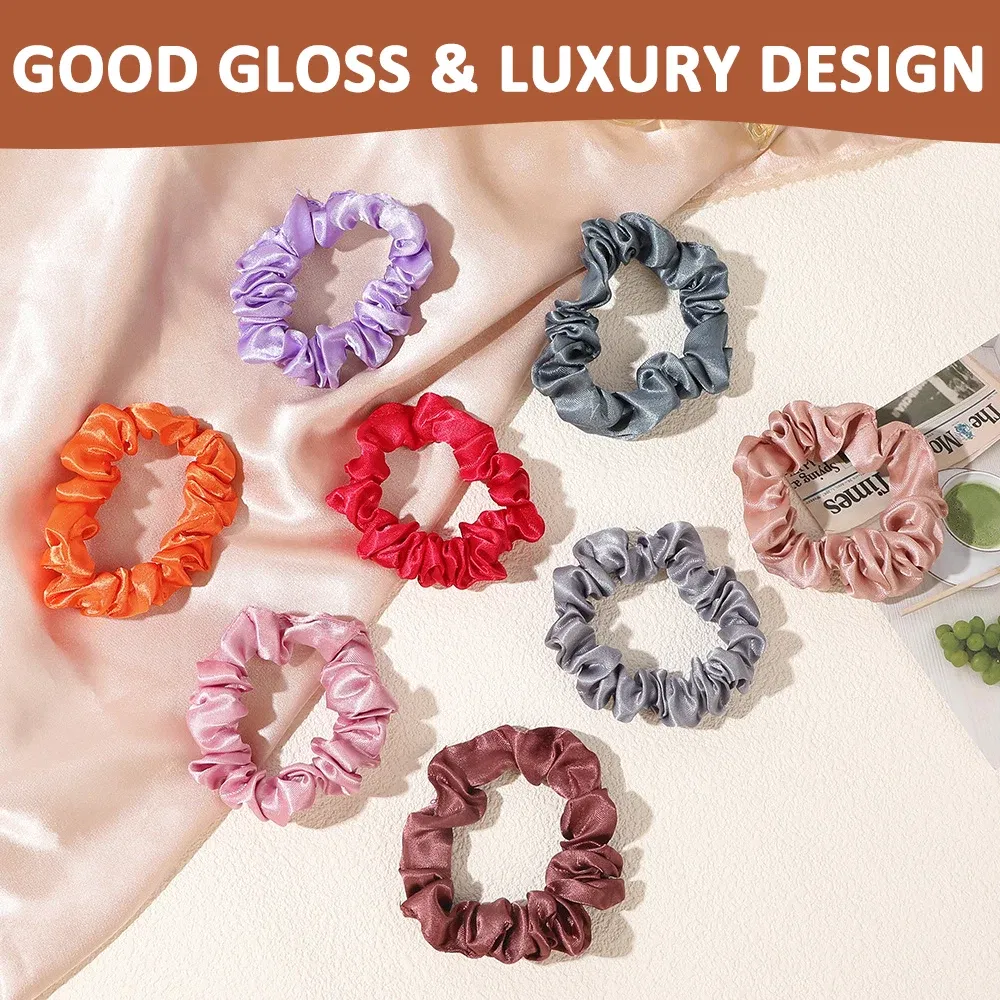Color: Blue - 10pcs/pack Women Colorful Satin Silk Scrunchies Elastic Hair Bands Solid Color Dot Hair Ties Ponytail Holder Hair Accessories