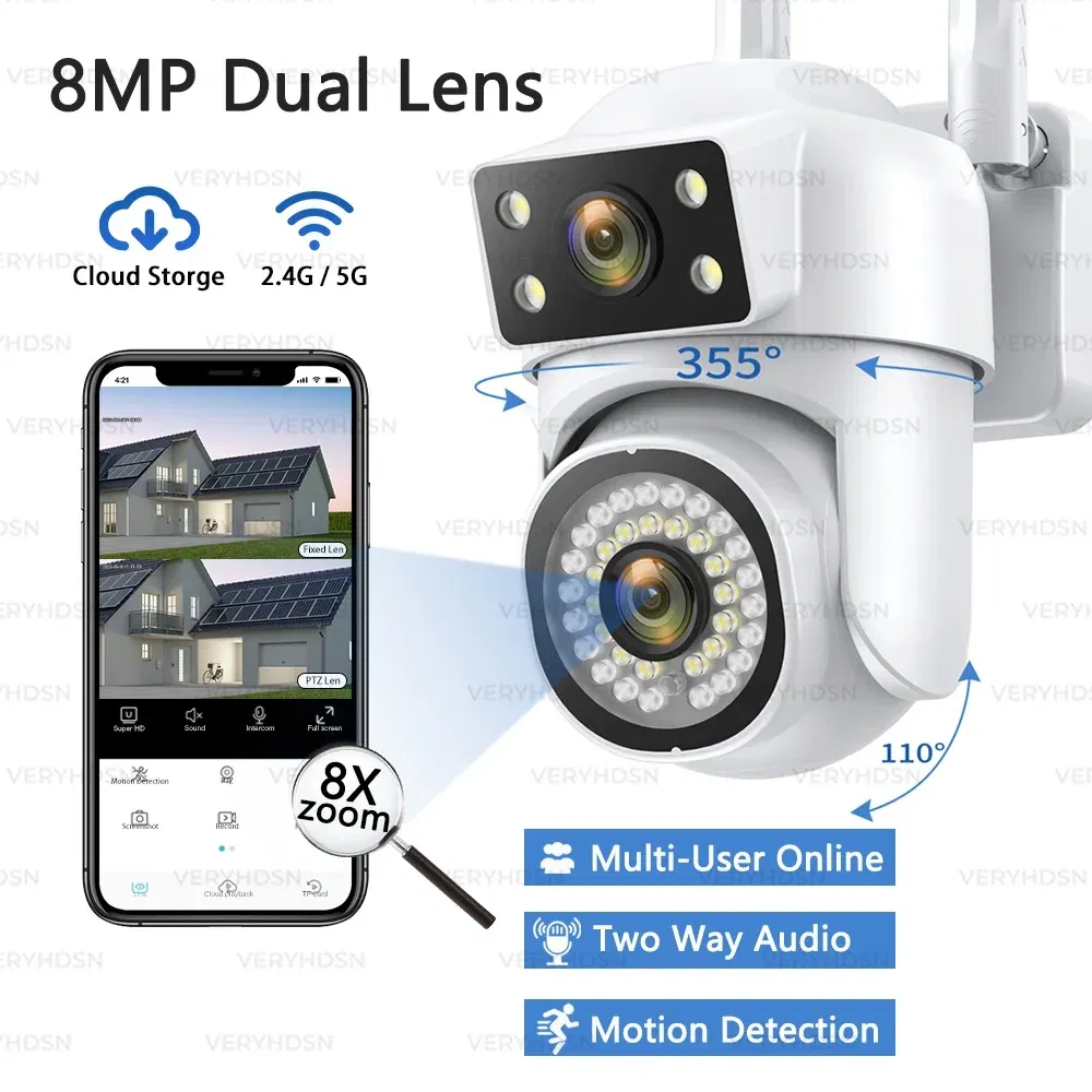 4K 8MP Wifi PTZ Camera Dual Lens IP CCTV Video Surveillance Camera Ai Human Detect Auto Tracking Night Vision Outdoor Waterproof UK Plug