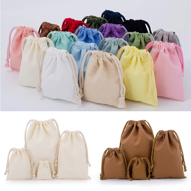 Color: plum, Size: L - Cotton Drawstring Storage Bag White Canvas Bags for Candy Gift Package Pouch Reusable Home Sundries Organize Dustproof Sacks