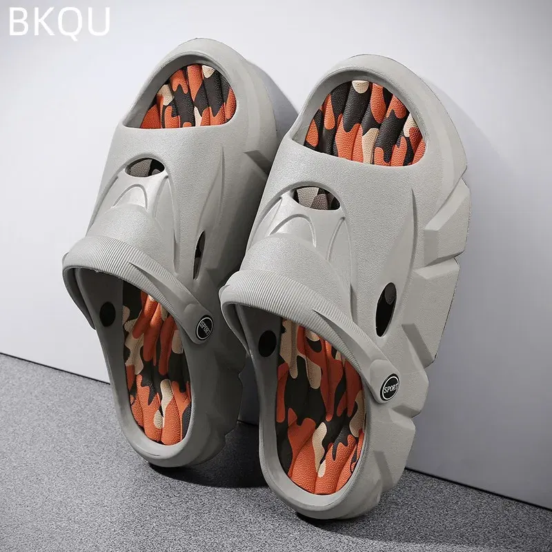 Color: GRAY, Shoe Size: 45 - Men's Beach Slippers Round Toe Lightweight Flat Bottom Waterproof Comfortable Trend Versatile Breathable Non-slip Large Size