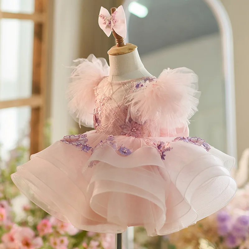 Color: Pink, Kid Size: 18M - New baby girl toddler dress birthday party dress exquisite unique girl sweet little fly sleeve cake skirt