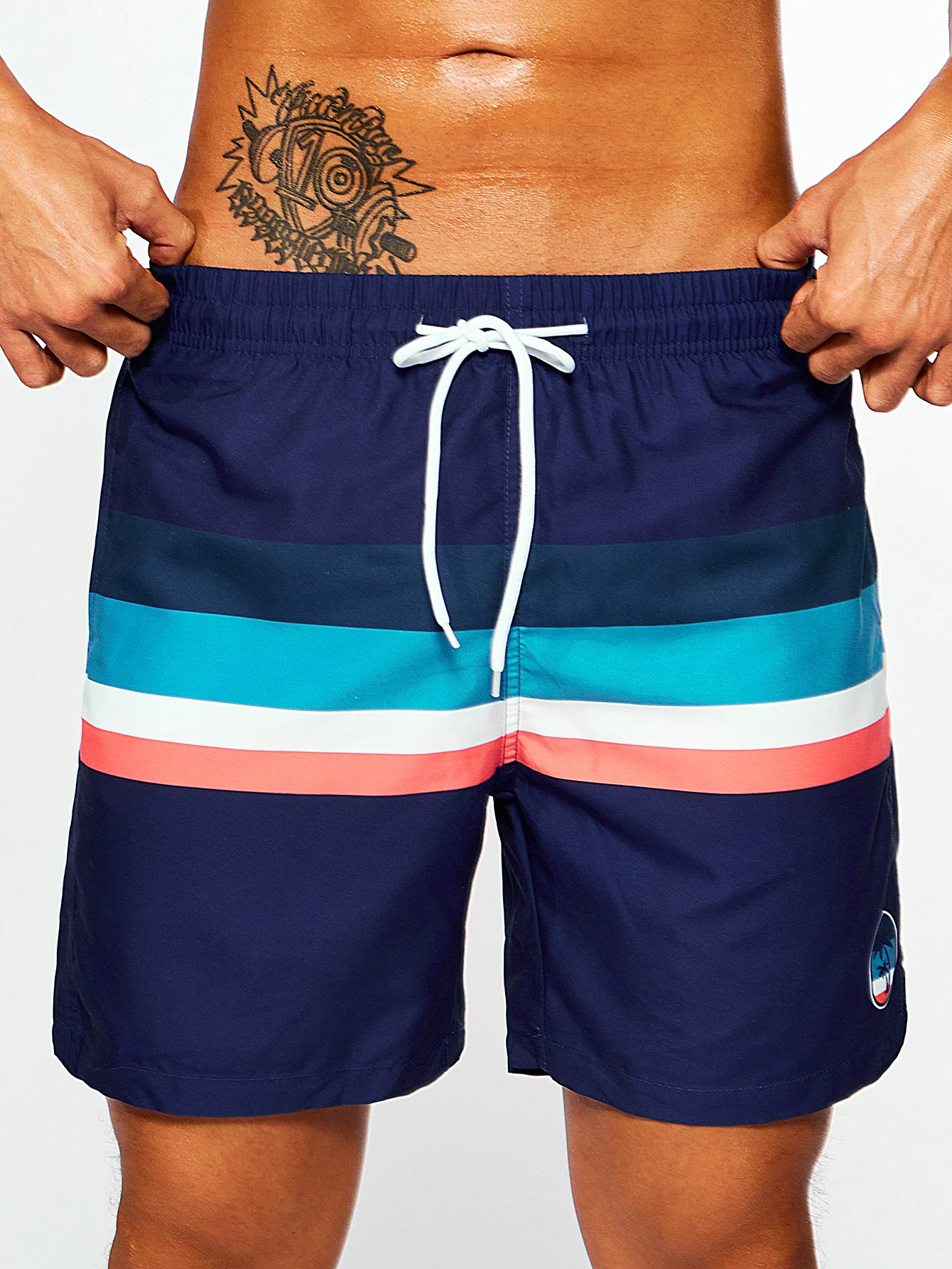 Color: MULTI, Size: S - Men's Navy Bottom Stripe Insert Print Beach Pants